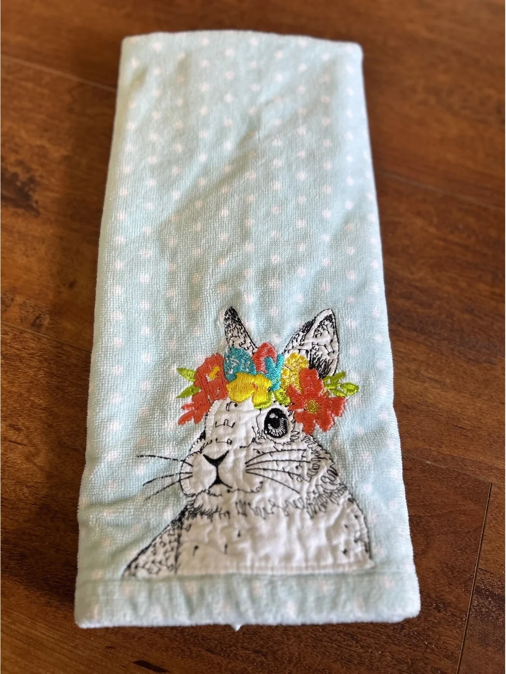 Light Blue Polka Dot Towel with Embroidered Rabbit and Floral Crown
